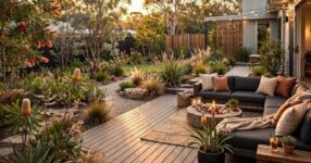 Australian backyard outdoor living space with deck and fire pit