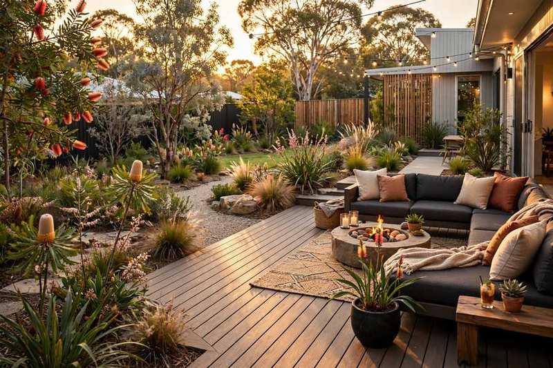 Australian backyard outdoor living space with deck and fire pit