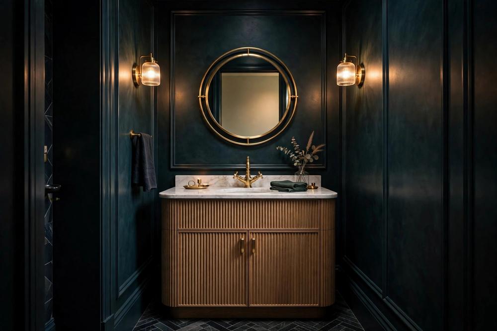 Elegant powder room with fluted timber vanity and brass tapware