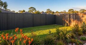 Charcoal Colorbond steel fence meeting a timber paling fence in an Australian backyard with kangaroo paw flowers