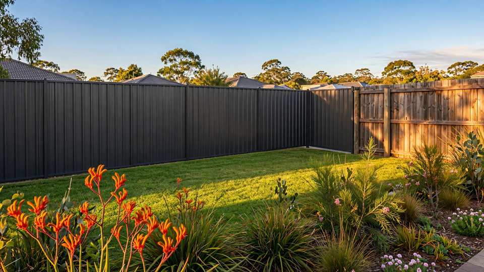 Charcoal Colorbond steel fence meeting a timber paling fence in an Australian backyard with kangaroo paw flowers