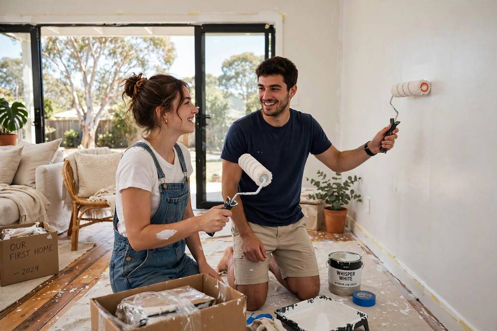 Young couple painting a bright living room wall in their first Australian home during renovation