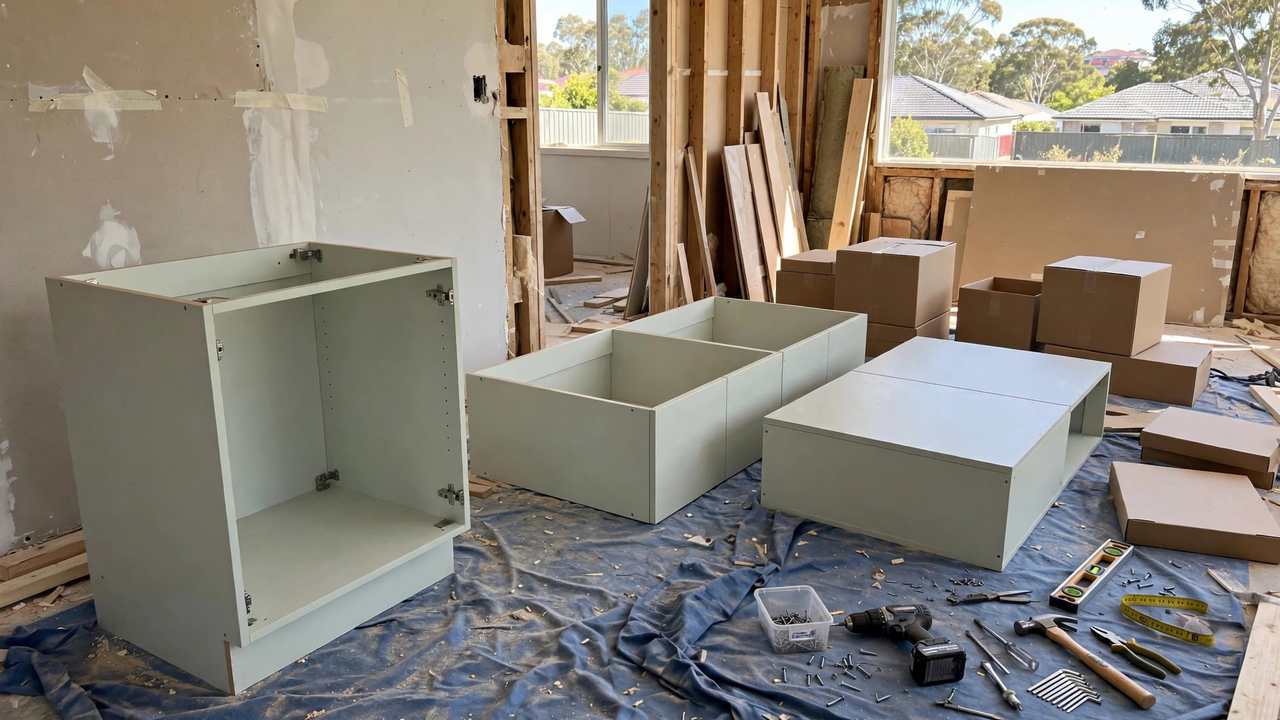 Flat-pack kitchen cabinet carcasses and plain boxes being assembled during an Australian home renovation