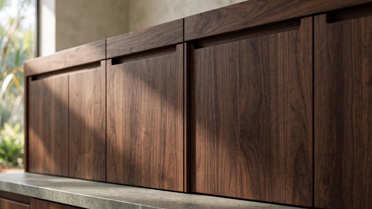 Close-up of luxury handleless custom kitchen cabinetry in dark timber veneer with precise shadow gaps