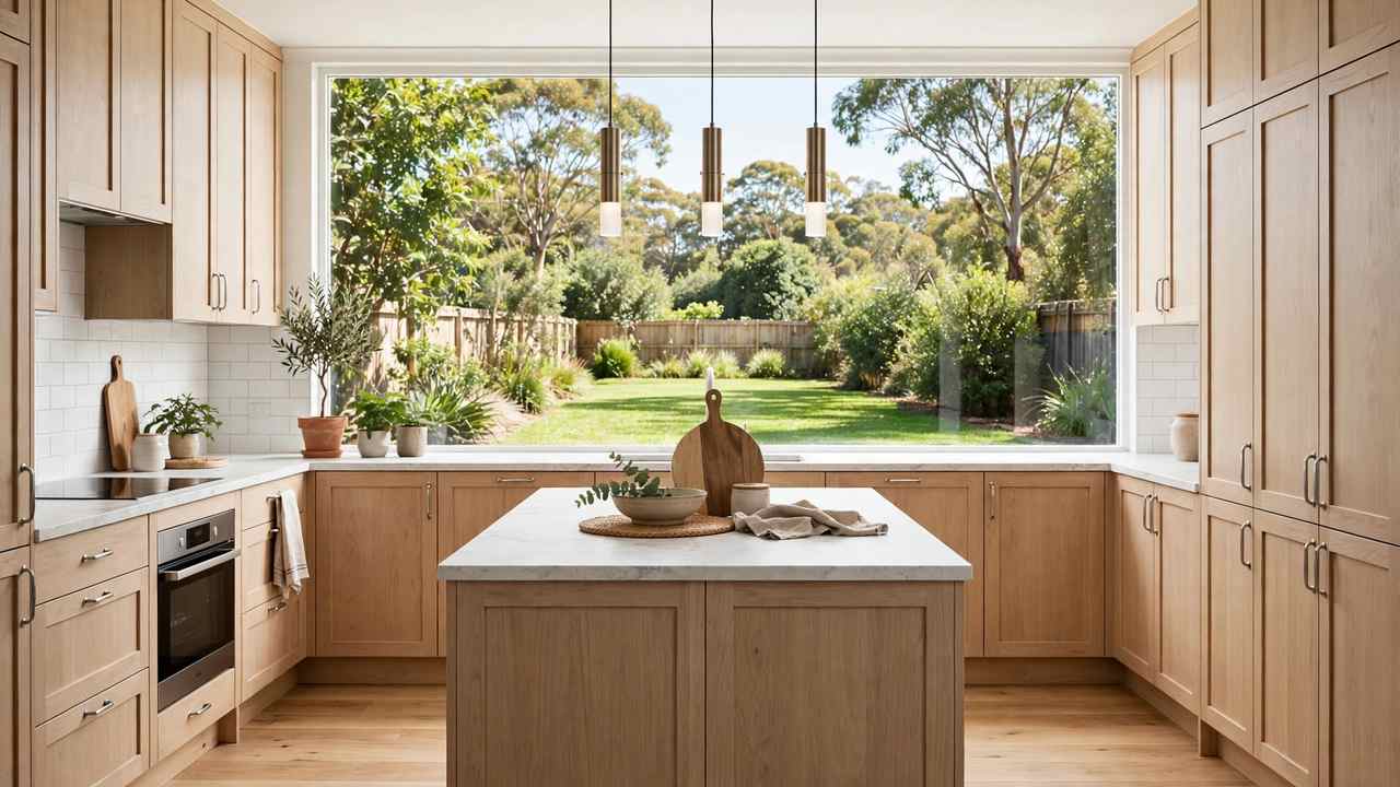 Bright modern Australian kitchen with light oak flat-pack style shaker cabinets, stone-look island and garden view