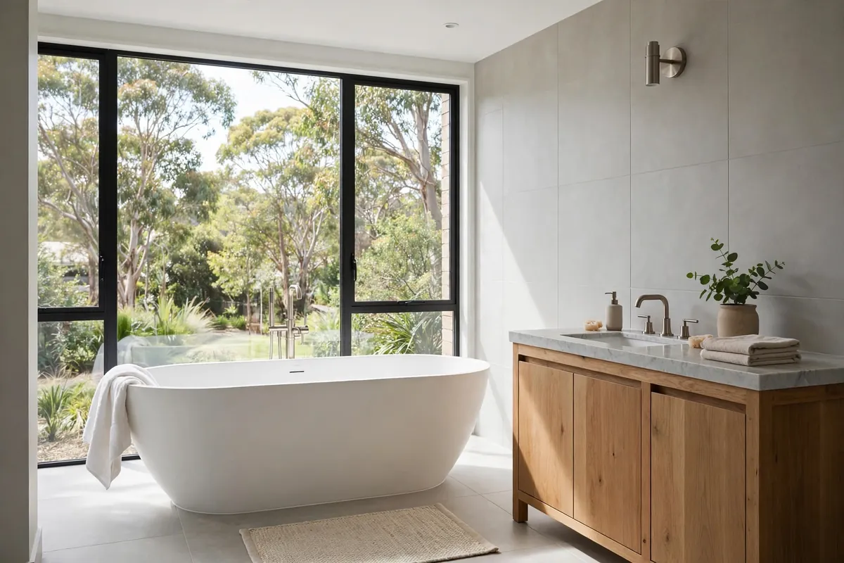 White freestanding oval bath in a bright modern Australian bathroom with timber vanity