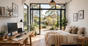 Converted garage interior now a bright home office and guest bedroom with new window, timber flooring and modern furniture