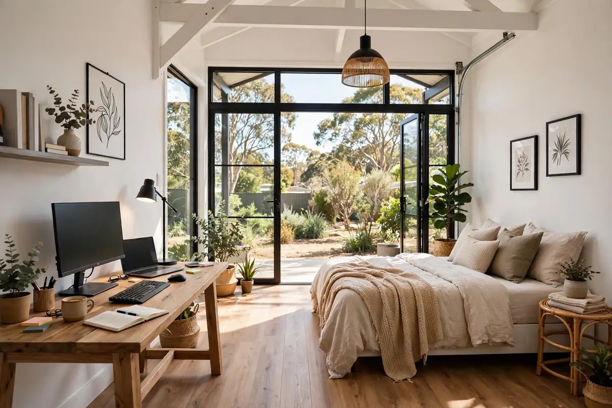 Converted garage interior now a bright home office and guest bedroom with new window, timber flooring and modern furniture