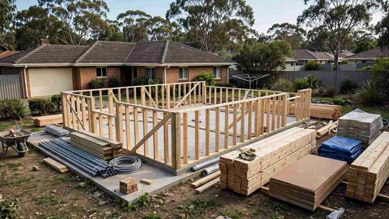 Granny flat under construction with timber framing on a suburban Australian block