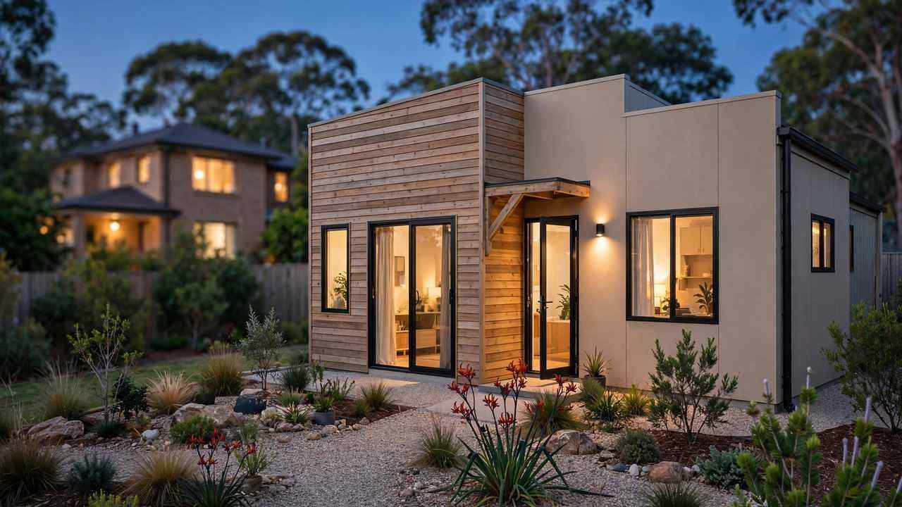 Newly completed modern granny flat in a suburban Australian backyard at dusk