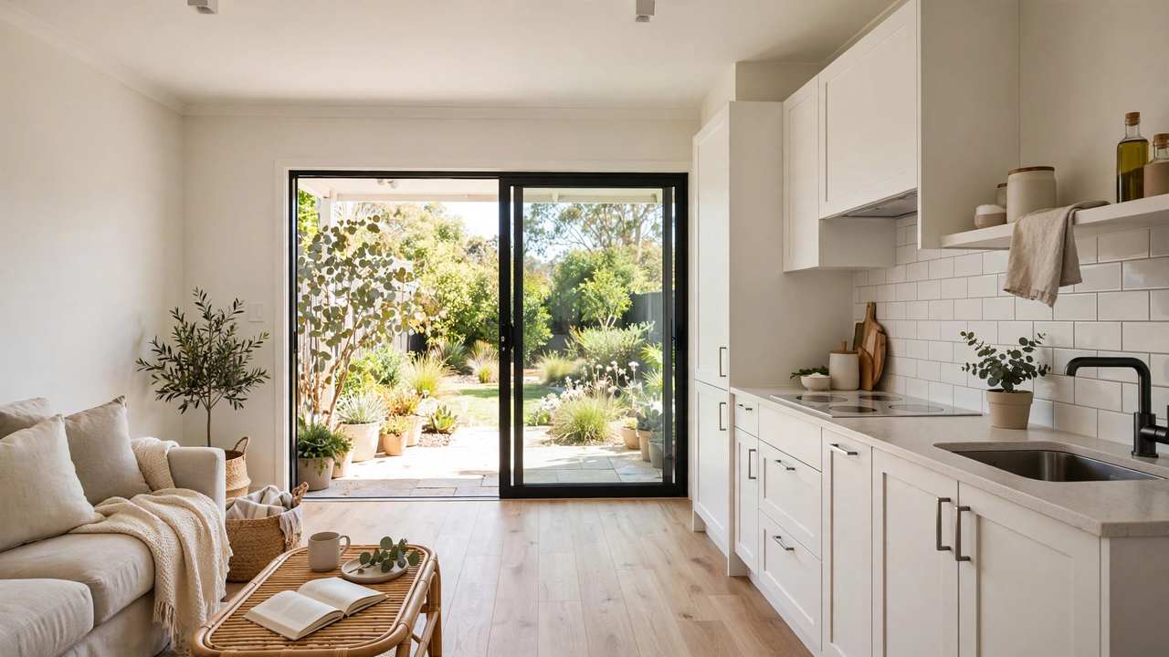 Compact open-plan living and kitchen inside a modern Australian granny flat