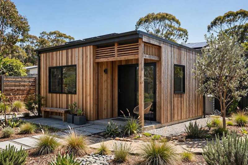 Modern Australian granny flat exterior with timber cladding and landscaped garden