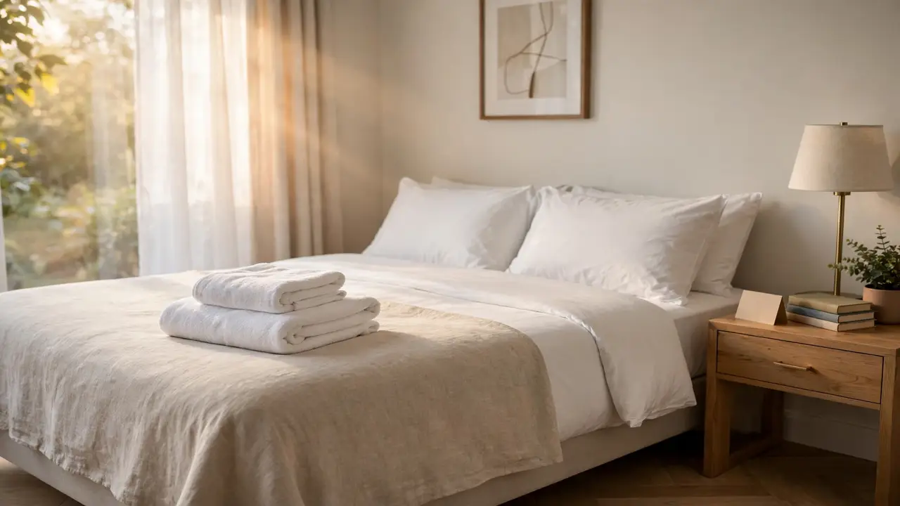 Guest bedroom ideas: hotel-style touches with fresh folded towels, Wi-Fi card, books and a plant on the bed