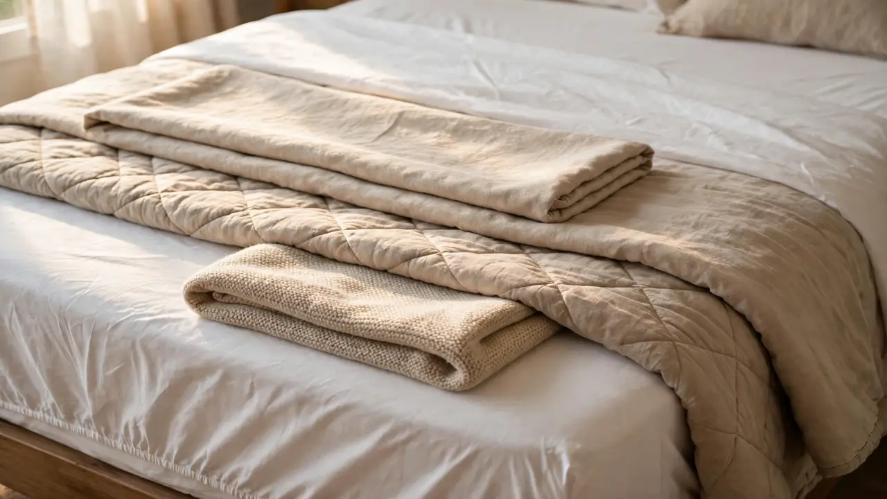 Guest bedroom ideas: layered bedding with fitted sheet, flat sheet, quilt and folded blanket on a queen bed