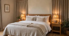 Guest bedroom ideas: queen bed with crisp white and neutral layered bedding in an Australian home