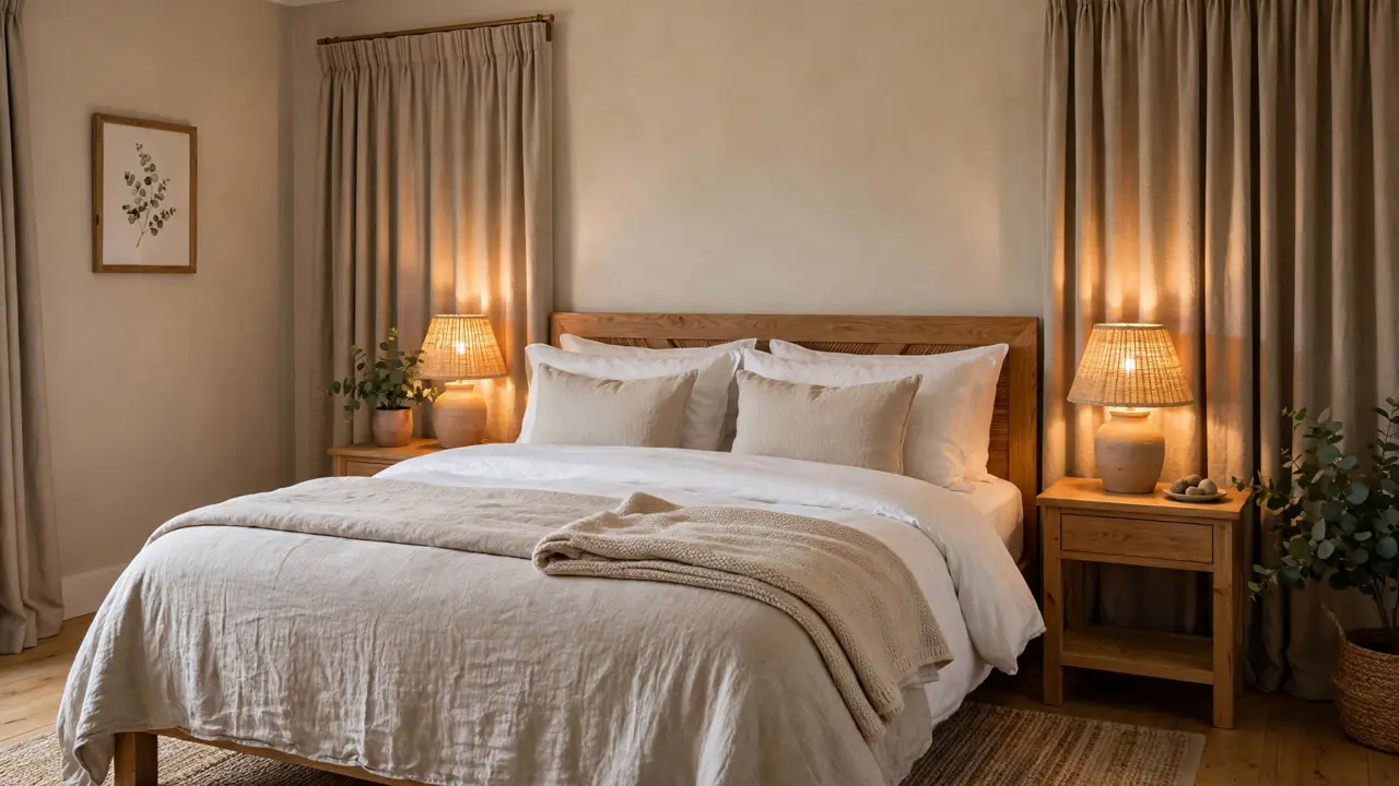 Guest bedroom ideas: queen bed with crisp white and neutral layered bedding in an Australian home