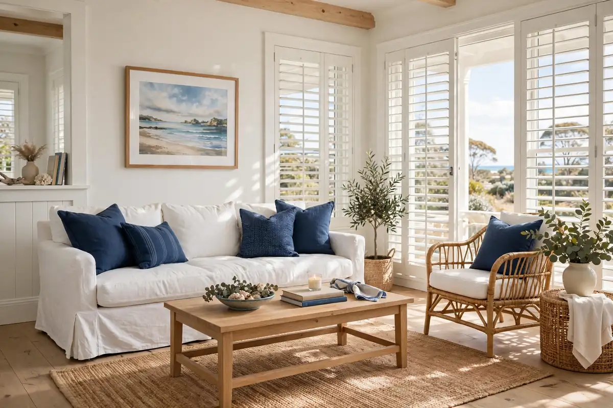 Bright Hamptons style living room with white linen sofa, navy cushions and rattan chair