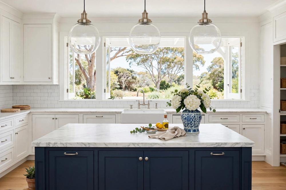Hamptons style kitchen with white shaker cabinetry, navy island bench and marble-look benchtop