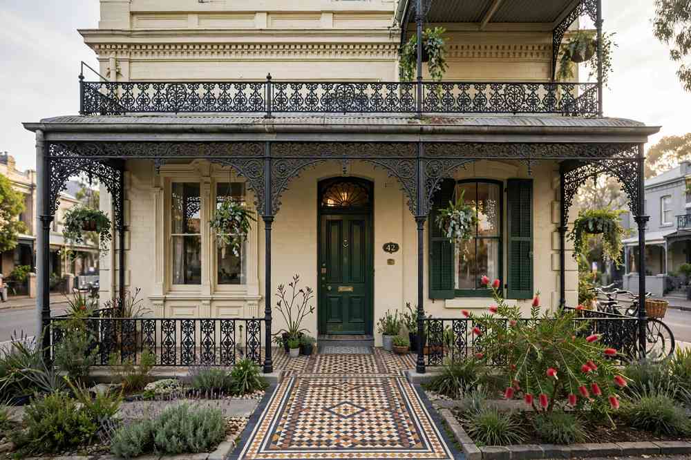 Restored Victorian terrace home facade in Melbourne with original iron lacework and veranda