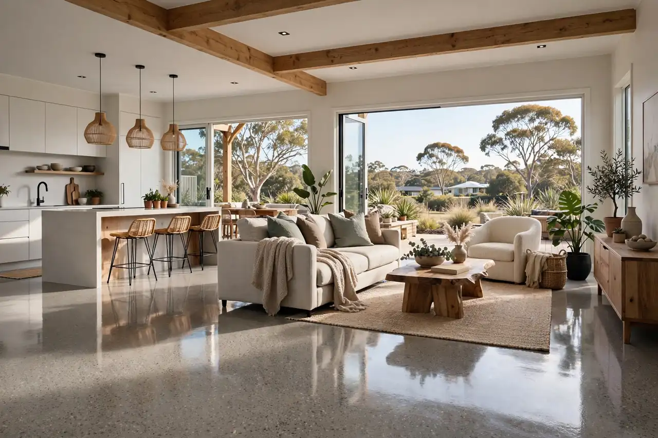 Glossy mechanically polished concrete floor with salt-and-pepper aggregate in a modern open-plan Australian living room
