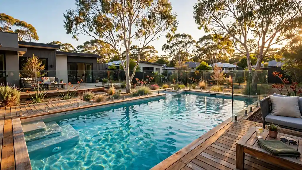 Modern fibreglass swimming pool with turquoise water in a stylish Australian suburban backyard with timber decking and glass fencing