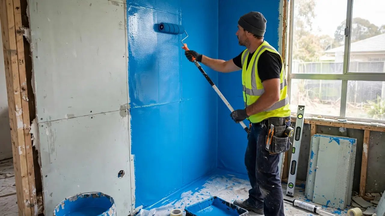Licensed waterproofer rolling bright blue waterproofing membrane onto a shower wall in an unfinished Australian bathroom renovation