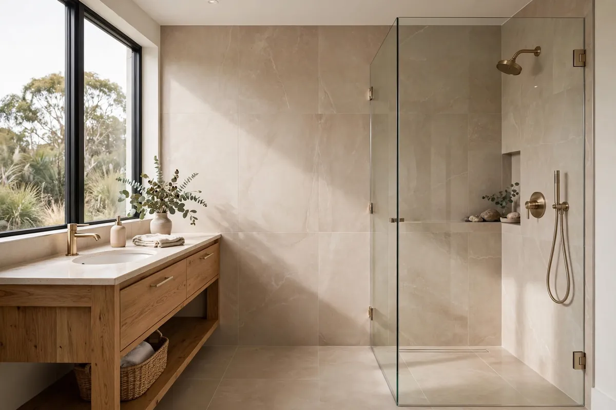 Modern Australian bathroom with large-format porcelain tiles and timber vanity