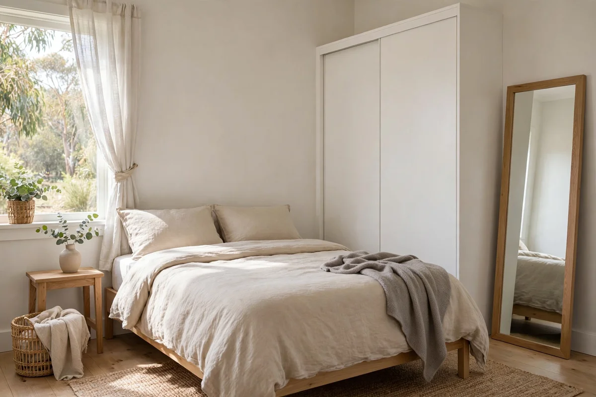 Small Australian bedroom with light neutral walls, queen bed and built-in sliding door wardrobe