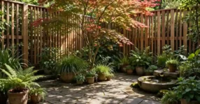 Small Australian courtyard garden with paving, potted plants and water feature
