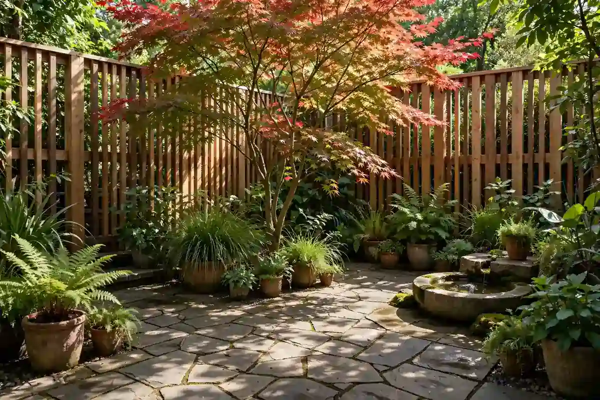 Small Australian courtyard garden with paving, potted plants and water feature