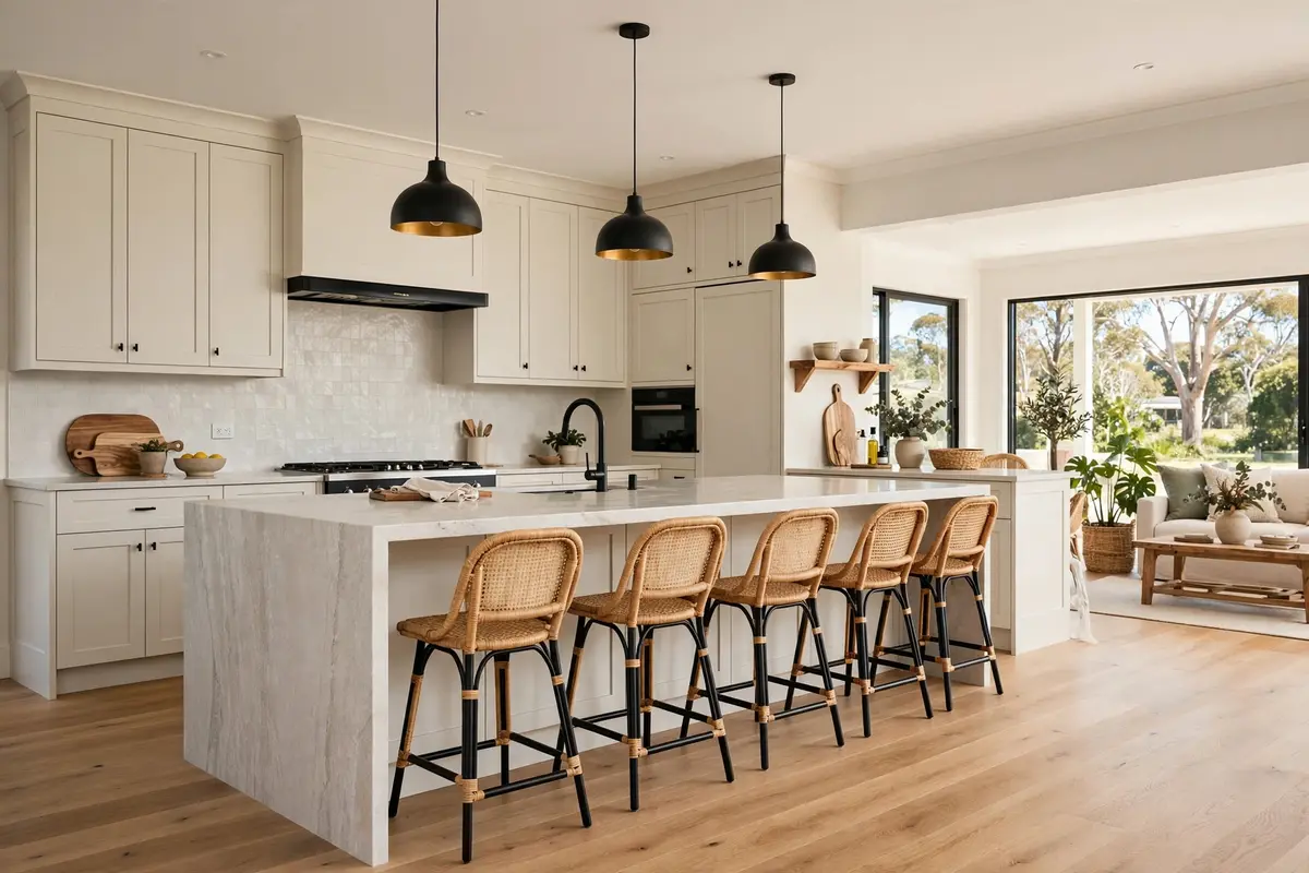 Modern Australian kitchen island with stone waterfall benchtop and pendant lights