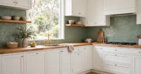 Contemporary Australian kitchen with sage green subway tile splashback