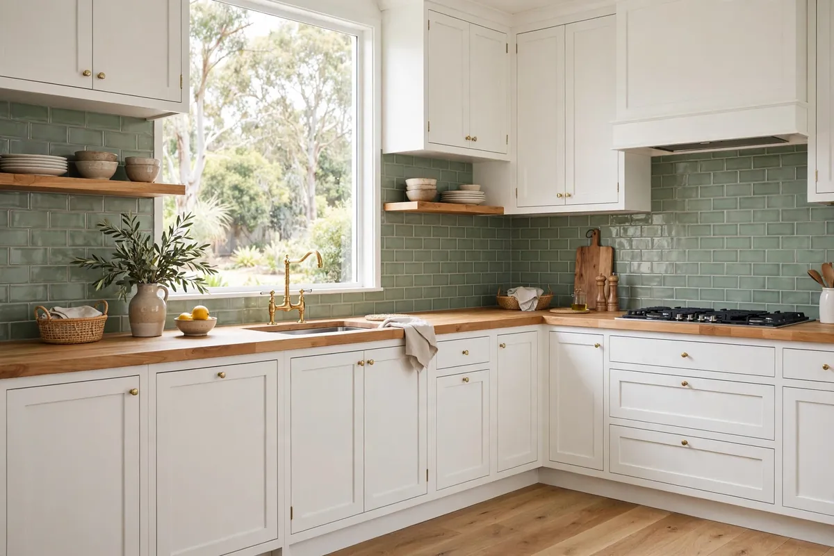 Contemporary Australian kitchen with sage green subway tile splashback