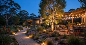 Australian backyard garden at dusk with warm outdoor path and feature lighting