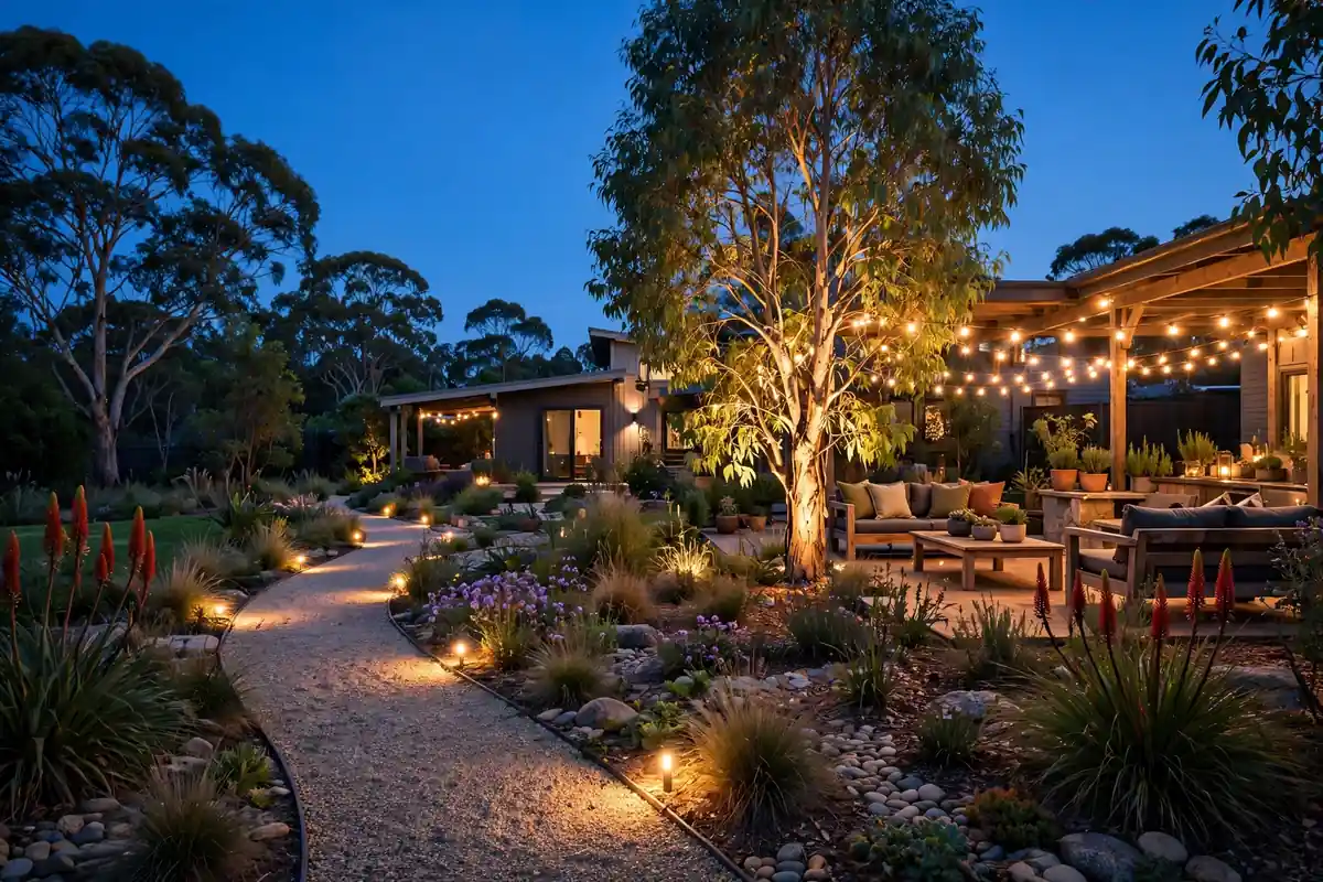 Australian backyard garden at dusk with warm outdoor path and feature lighting