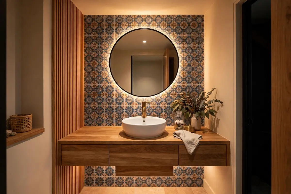 Elegant small powder room with floating vanity, vessel basin and brushed brass tapware