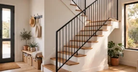 Modern staircase renovation in Australian home with timber treads, white risers and black steel balustrade