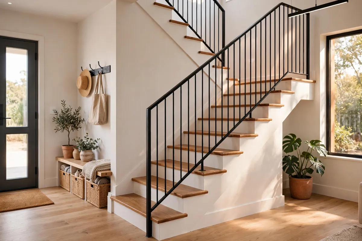 Modern staircase renovation in Australian home with timber treads, white risers and black steel balustrade