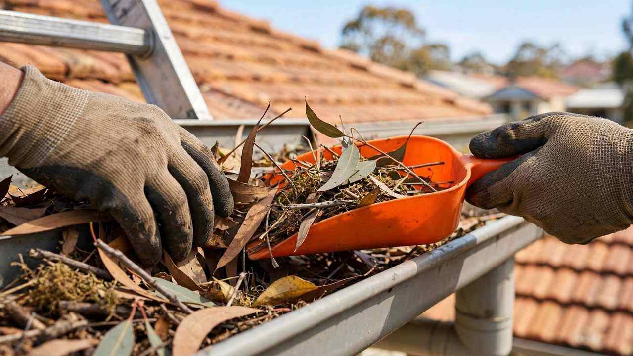 Hands cleaning autumn leaves from an Australian home's gutter with a scoop