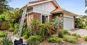 Brick Australian house with a ladder leaning against the gutter above a front garden with red flowering bushes