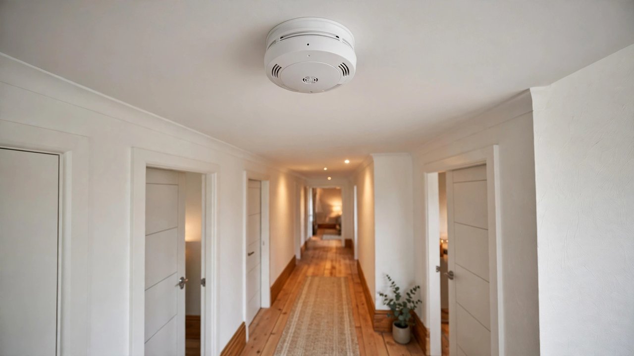 Interconnected photoelectric smoke alarm mounted on an Australian home ceiling