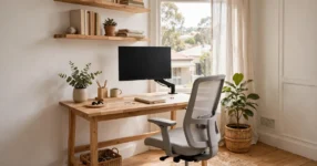 Stylish small home office with timber desk by window in an Australian apartment