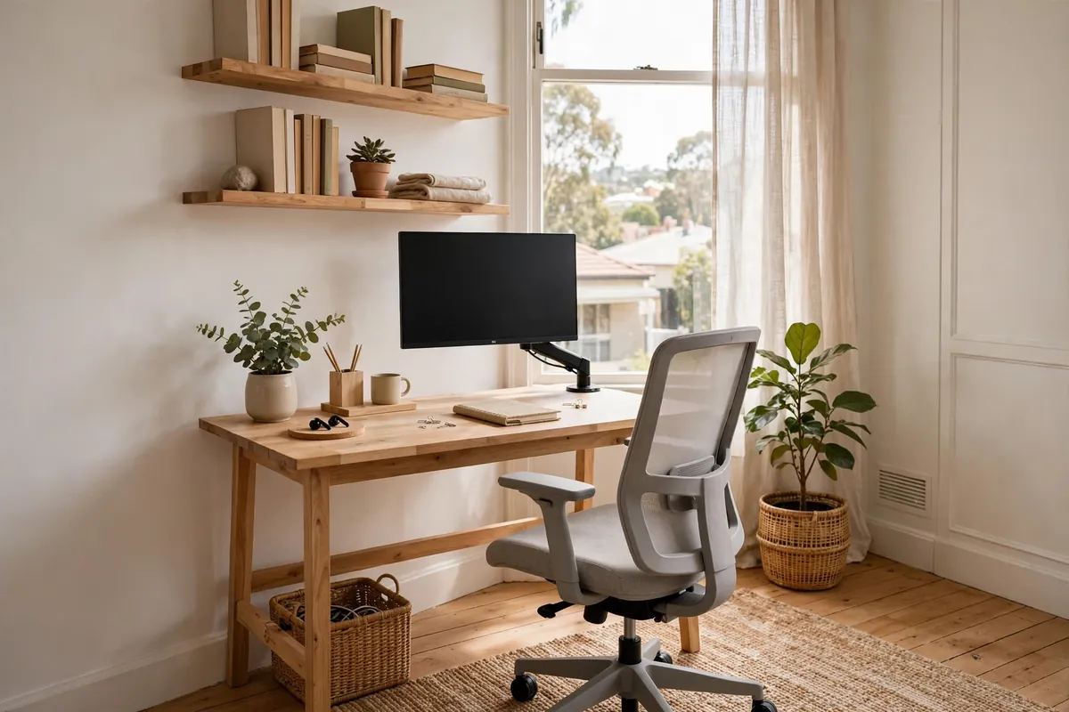 Stylish small home office with timber desk by window in an Australian apartment