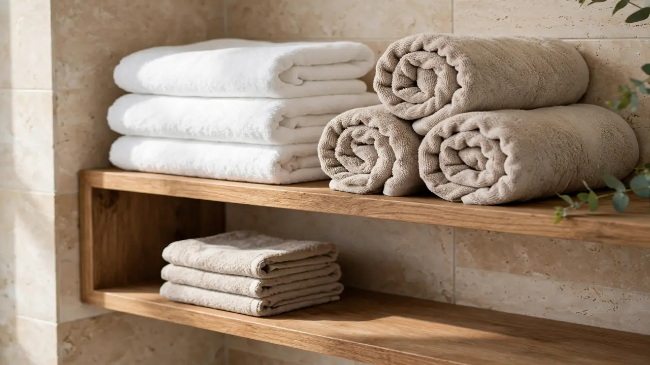 Hotel-style bathroom ideas: neatly folded white and stone towels stacked on an open bathroom shelf