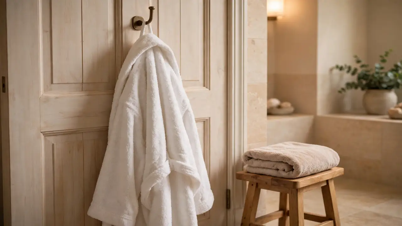 Hotel-style bathroom ideas: plush white terry bathrobe hanging on a bathroom door hook