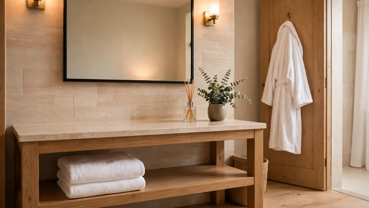 Hotel-style bathroom ideas: calm white Australian bathroom with thick towels, bathrobe on a door hook and warm light