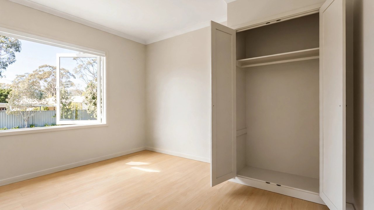 Empty Australian rental bedroom ready for final inspection, with clean floors, bare walls and natural light