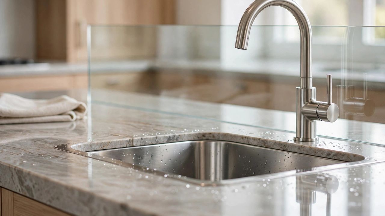 Close-up of a sparkling clean Australian kitchen with polished benchtops, gleaming stainless steel sink and streak-free glass splashback