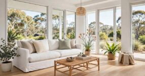Bright, freshly cleaned Australian living room with light timber floors, white sofa and sunlight streaming through large windows