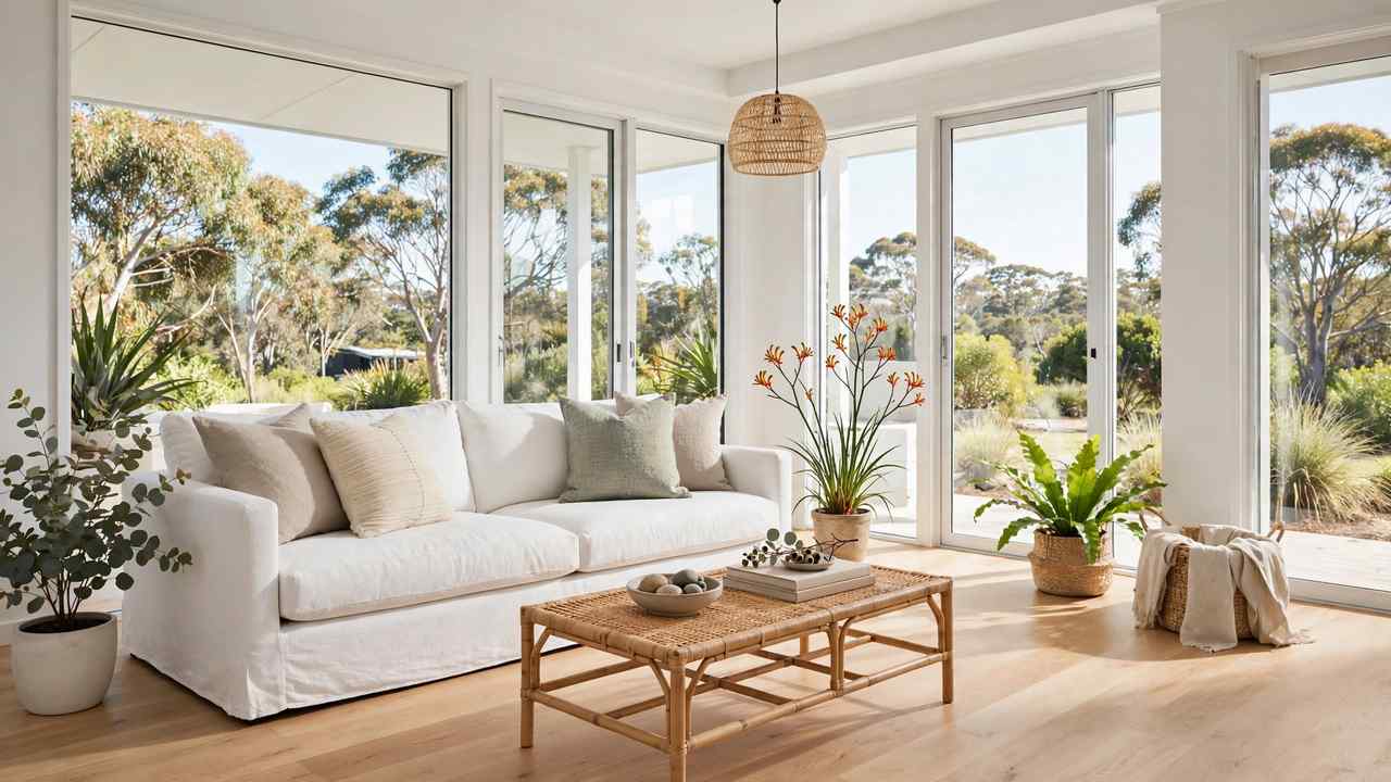 Bright, freshly cleaned Australian living room with light timber floors, white sofa and sunlight streaming through large windows